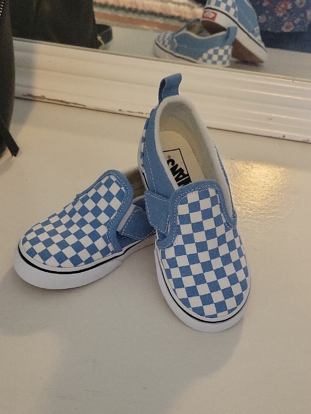 Vans Kids Slip-On Checkerboard Sneakers in Light Blue and White